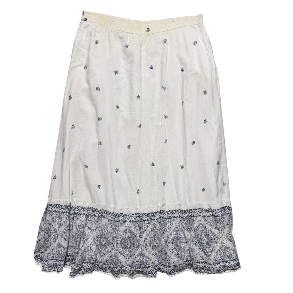 Garnet Hill Skirt Womens M White Navy Blue Organic Cotton Block Print Midi EUC